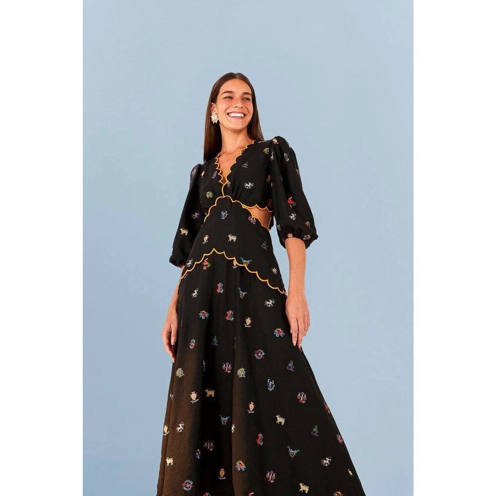 NWT Farm Rio Cross Stitch Embroidered Linen-Blend Maxi Dress Horoscope Zodiac M